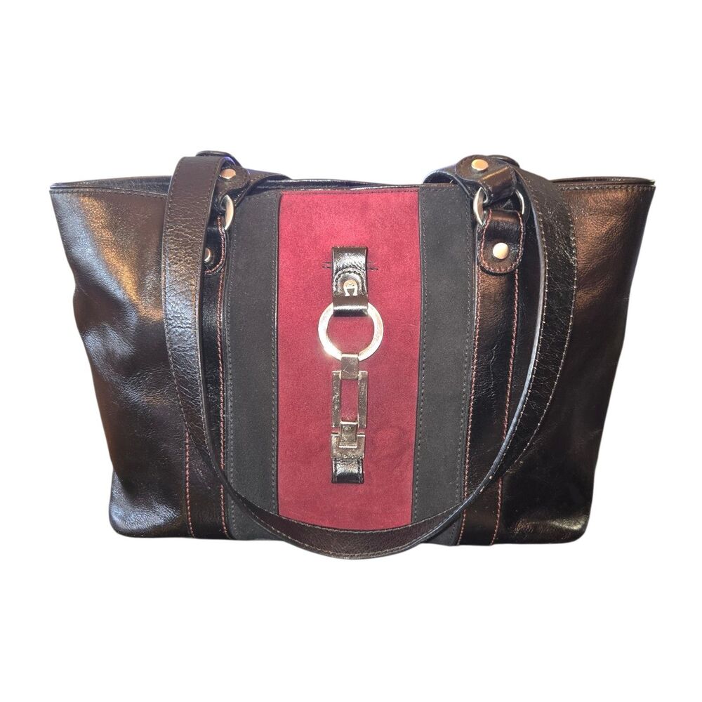 Etienne Aigner Vintage Oxblood Suede and‎ Black Leather Striped Tote 14"X9"X4"